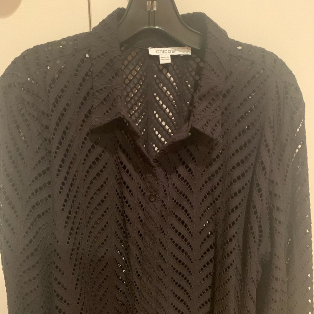 Chicos Black Button Down W/ Open Work - image 2